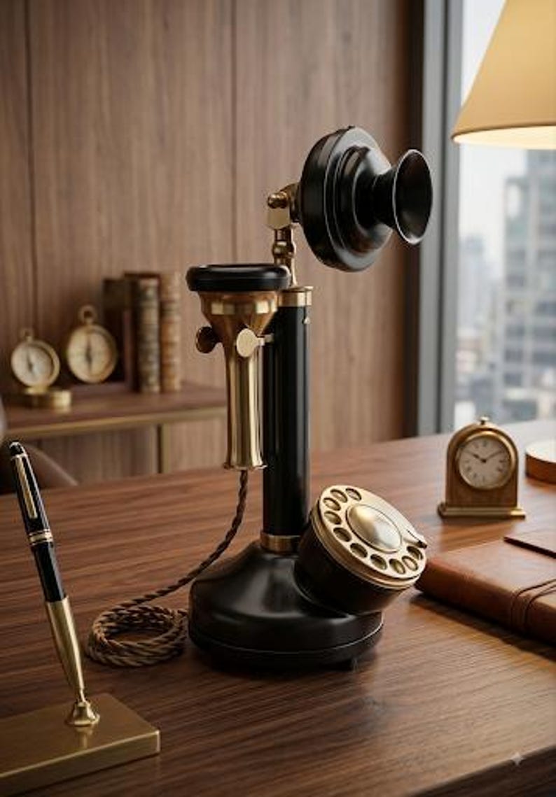 May include: A vintage-style candlestick telephone featuring a black base and vertical column, a brass-toned mouthpiece, and a black earpiece. The device includes a circular brass rotary dial and a braided brown cord connecting the components.