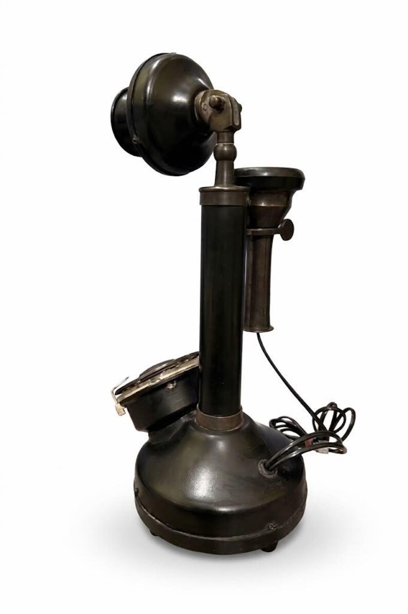 Vintage Telephone Black Gold Rotary Candlestick Phone, Antique Brass Decor image 15
