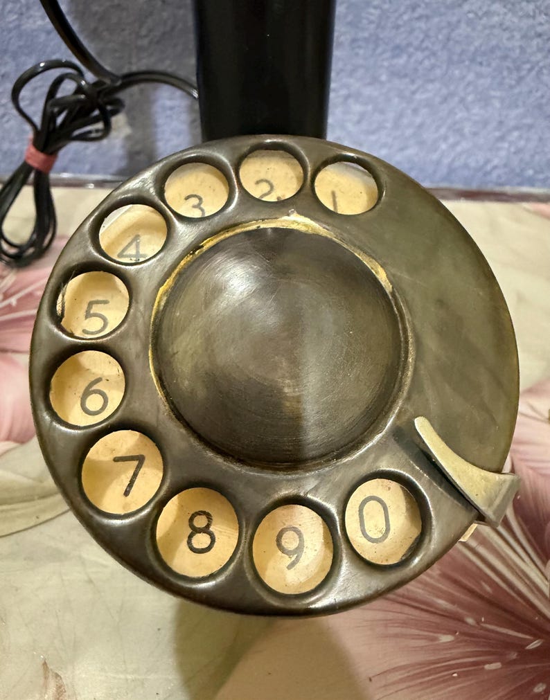 Vintage Telephone Black Gold Rotary Candlestick Phone, Antique Brass Decor image 4