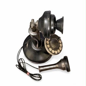 Vintage Telephone Black Gold Rotary Candlestick Phone, Antique Brass Decor image 14