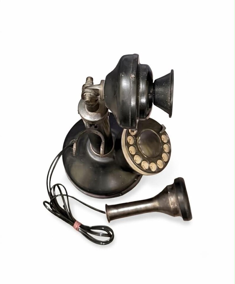 Vintage Telephone Black Gold Rotary Candlestick Phone, Antique Brass Decor image 14