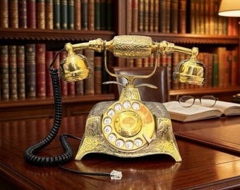 May include: A vintage-style rotary telephone crafted from polished brass with intricate floral engravings on the base and handset. The device features a central circular dial with white number inserts, a black coiled cord, and a clear modular connector.