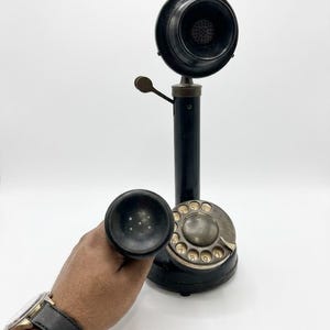Vintage Telephone Black Gold Rotary Candlestick Phone, Antique Brass Decor image 8