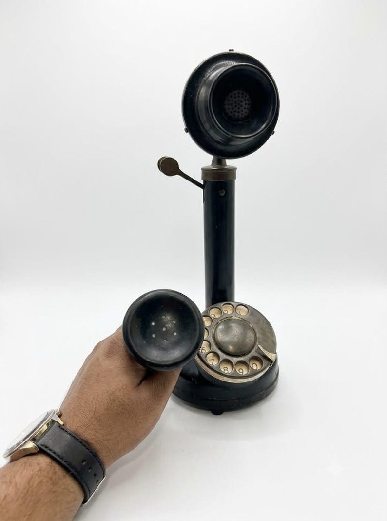 Vintage Telephone Black Gold Rotary Candlestick Phone, Antique Brass Decor image 8
