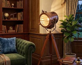 Vintage Industrial Nautical Tripod Floor Lamp | Marine Searchlight Spotlight | Wooden Tripod Standing Lamp | Home  Decor | Loft Lighting