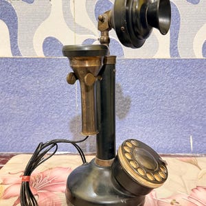 Vintage Telephone Black Gold Rotary Candlestick Phone, Antique Brass Decor image 6