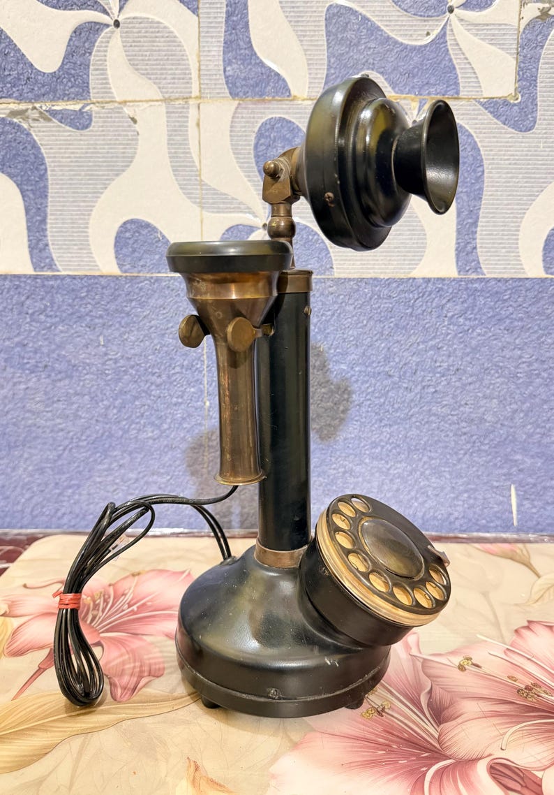 Vintage Telephone Black Gold Rotary Candlestick Phone, Antique Brass Decor image 6