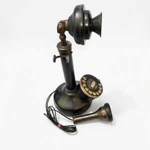 Vintage Telephone Black Gold Rotary Candlestick Phone, Antique Brass Decor image 5