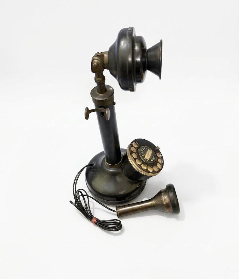 Vintage Telephone Black Gold Rotary Candlestick Phone, Antique Brass Decor image 5