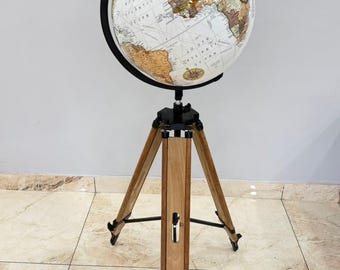 Vintage Wooden Tripod Globe Stand: Adjustable Antique Style World Globe Floor Decor