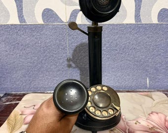 Vintage Black Gold Rotary Candlestick Phone, Antique Brass Steampunk Decor