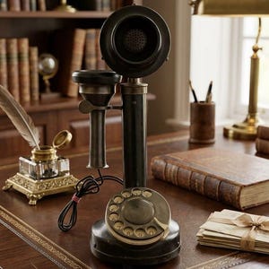 Peut inclure: Un téléphone de style ancien à colonne, doté d'une base en métal noir, d'un cadran rotatif circulaire avec des chiffres blancs et d'une tige verticale supportant un écouteur et un embout buccal noirs. L'appareil inclut un cordon noir sur le côté.