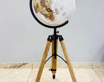 Vintage World Globe on Adjustable Wooden Tripod Stand | Antique Style Desk Globe | Nautical Office  | Explorer Gift | Home Library Accent