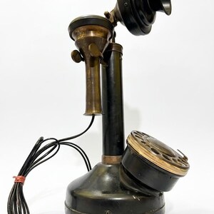 Vintage Telephone Black Gold Rotary Candlestick Phone, Antique Brass Decor image 9