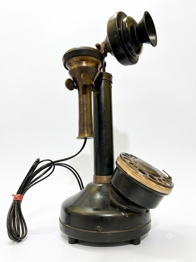 Vintage Telephone Black Gold Rotary Candlestick Phone, Antique Brass Decor image 9
