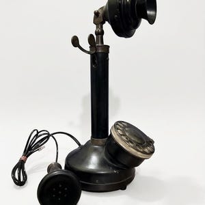 Vintage Telephone Black Gold Rotary Candlestick Phone, Antique Brass Decor image 10