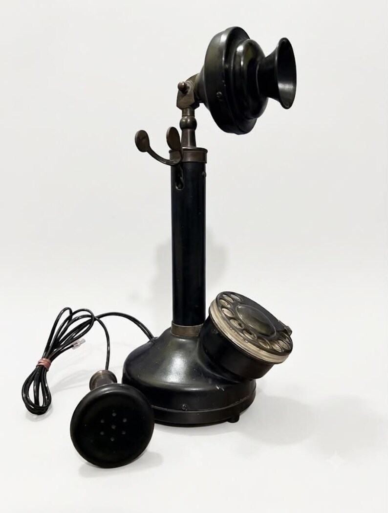 Vintage Telephone Black Gold Rotary Candlestick Phone, Antique Brass Decor image 10