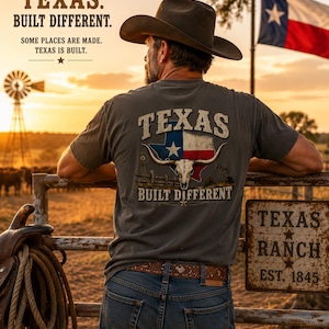 Könnte beinhalten: Ein anthrazitfarbenes T-Shirt mit einem Rückendruck, der den Schriftzug "TEXAS" über der Silhouette der texanischen Flagge, einem Longhorn-Schädel und dem Text "BUILT DIFFERENT" zeigt. Das T-Shirt wird mit einer blauen Jeans und einem braunen Ledergürtel getragen.