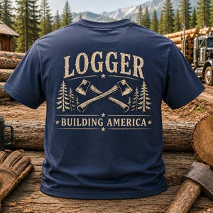 Pode incluir: Uma t-shirt azul-marinho de manga curta com um gráfico de cor creme nas costas. O design inclui o texto "LOGGER" sobre dois machados cruzados, ladeados por pinheiros, com o texto "BUILDING AMERICA" e estrelas por baixo.