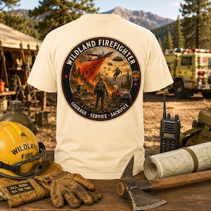 May include: A cream-colored t-shirt featuring a circular graphic on the back. The design depicts a wildland firefighter, a bulldozer, a fire truck, and an aircraft dropping fire retardant. Text reads Wildland Firefighter, Courage, Service, Sacrifice.