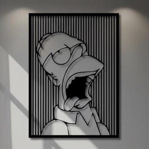 Può includere: Opera d'arte da parete in bianco e nero raffigurante un personaggio dei cartoni animati con la bocca aperta e gli occhiali. L'opera è incorniciata in nero e posta su uno sfondo a righe. L'arte è esposta in un moderno soggiorno.