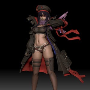 Może przedstawiać: Pełnometrażowy render 3D żeńskiej postaci z anime. Nosi czarny płaszcz w stylu wojskowym z czerwonymi akcentami, pasującą czapkę i buty na wysokim obcasie. Postać ma ciemne włosy i pozuje na ciemnym tle.