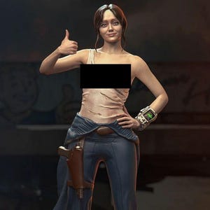 Könnte beinhalten: Detaillierte Figur einer Frau in futuristischer Kleidung. Sie trägt eine blaue Hose, ein beiges Oberteil und braune Stiefel. Ein Holster mit einer Waffe ist an ihrer Taille befestigt. Sie zeigt den Daumen hoch und hat eine Digitaluhr am Handgelenk.