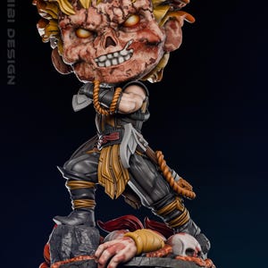 May include: A detailed figurine of a zombie-like character with a large head and menacing expression. The figure is dressed in black and gold armour, holding a weapon. The base features a pile of skulls and a severed hand. The text "CHIBI DESIGN" is visible.