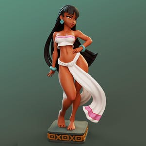May include: A 3D-printed figurine of a woman with long black hair, wearing a white top with pink trim, a white skirt, and turquoise jewelry. The figure stands on a gray base with gold accents and the text "OXOXO".