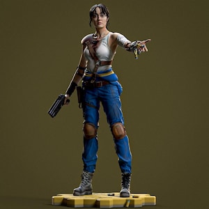 以下が含まれることがあります： 白いタンクトップ、青いパンツ、コンバットブーツを履いた女性の精巧なフィギュア。銃を持ち、指を指しています。肩に傷があり、黄色のプラットフォームに立っています。