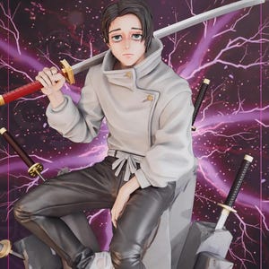 May include: A detailed figurine of a character from an anime series. The figure is dressed in a white coat and black pants, holding a sword with a red handle. The background features a purple and white lightning design.