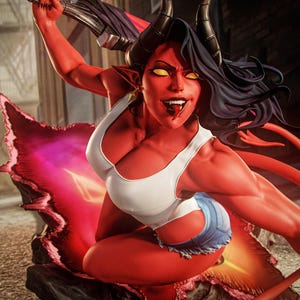 Puede incluir: Una figura de demonio femenino de piel roja con cabello negro, cuernos y ojos amarillos. Lleva una camiseta sin mangas blanca y pantalones cortos de mezclilla. La figura sostiene un arma con un diseño rojo y plateado. El fondo es un entorno urbano borroso.