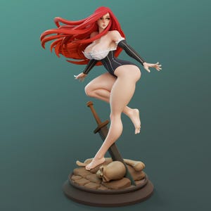 May include: A 3D-rendered figurine of a woman with long red hair, wearing a black and white bodysuit. She is posed dynamically, with a sword and skull at her feet, on a circular base. The background is a solid teal color.