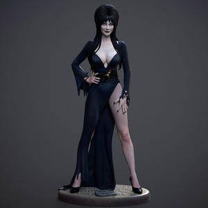 Könnte beinhalten: Detaillierte Statue einer Frau mit langen schwarzen Haaren und einem schwarzen Kleid. Das Kleid hat einen tiefen Ausschnitt und einen hohen Schlitz. Die Frau trägt schwarze Absätze und hat die Hand an der Hüfte. Die Statue steht auf einem runden Sockel.