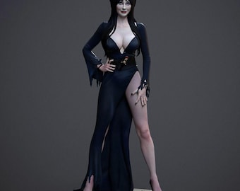 May include: A detailed statue of a woman with long black hair and a black dress. The dress has a plunging neckline and a high slit. The woman is wearing black heels and has her hand on her hip. The statue is on a round base.