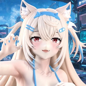 May include: A figurine of an anime-style character with long pale blonde hair, cat-like ears, and red eyes. The character wears a blue headband, blue hair clips, and a blue bandage on the left side of the hair. The figure has blue fingernails.