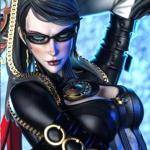 May include: A detailed, close-up image of a character from the Bayonetta video game series. The character is wearing a black outfit with gold accents, glasses, and a stern expression. The background is a soft blue.