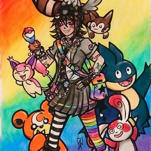 May include: Colorful anime-style illustration of a person surrounded by cartoon creatures. The person wears a gray outfit with rainbow accents, striped socks, and a black skirt. The background is a rainbow gradient.