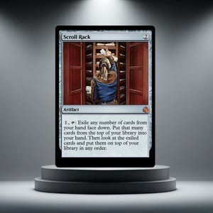 Pode incluir: Um card de Magic: The Gathering intitulado "Scroll Rack" com uma ilustração de uma pessoa alcançando um armário de madeira cheio de pergaminhos. O card tem uma borda prateada e inclui texto do jogo.