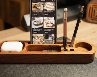 Organizador de escritorio de madera / Bandeja y cajón para guardar cosas para hombre / Accesorio de oficina de madera maciza (personalizable)