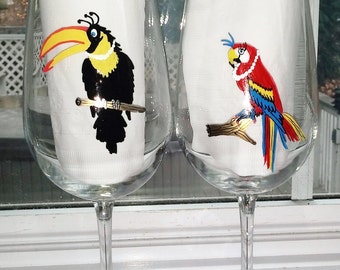 Girls weekend  girly birds hand painted wine glasses.