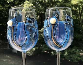 Pearls and Denim hand painted wine glasses