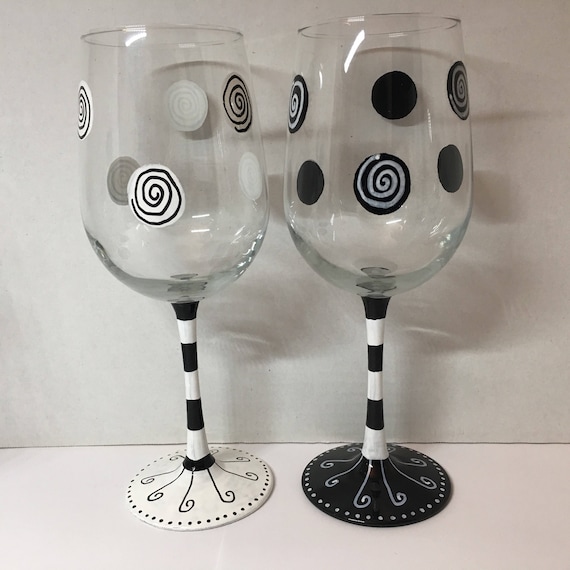 Black and white swirls and stripes hand painted wine glasses