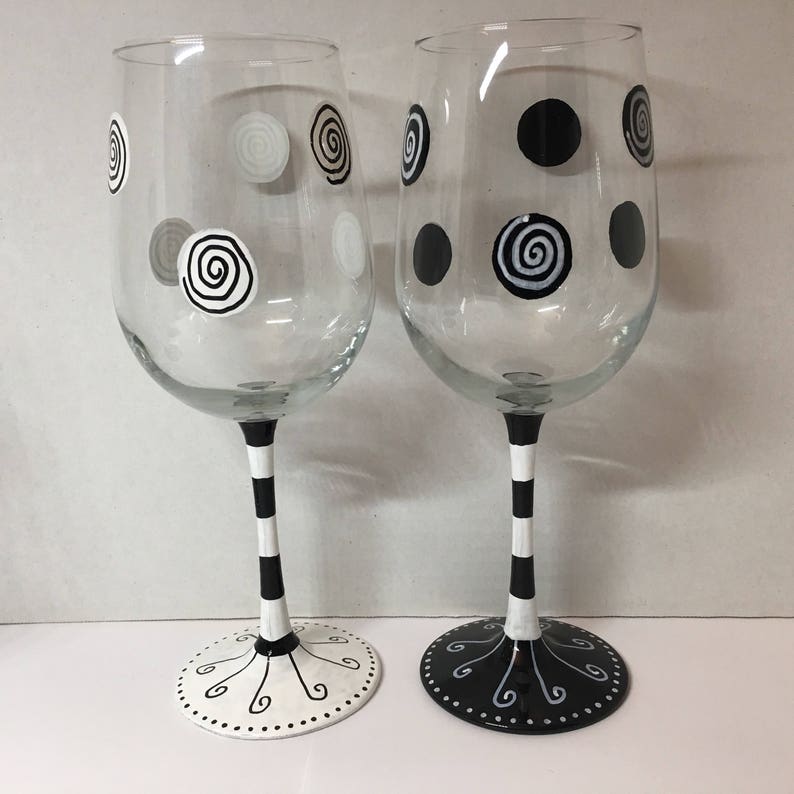 Black and white swirls and stripes hand painted wine glasses