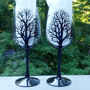 Spooky Halloween black tree silhouette hand painted wine glasses.