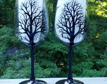 Spooky Halloween black tree silhouette hand painted wine glasses.