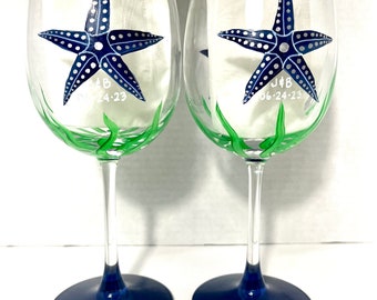 Navy and silver Starfish hand painted wine glasses.