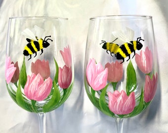 Spring Tulips and Bees hand painted wine glasses