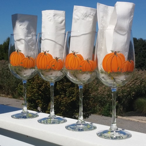 Pumpkin Wine Glasses Hand Painted Set of 2. Thanksgiving Etsy