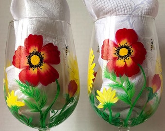 Poppies and daisies Hand painted wine glasses
